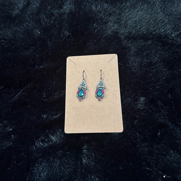 Boho Gemstone-Inspired Dangle Earrings Teardrop Blue with Pink Silver Detailing - Picture 2 of 5